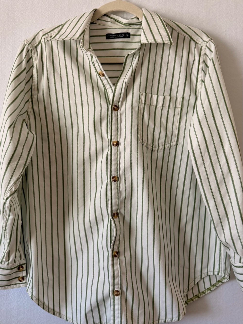 Classic Striped Button-Down Shirt in Cream and Olive - Women - Picture 2 of 10
